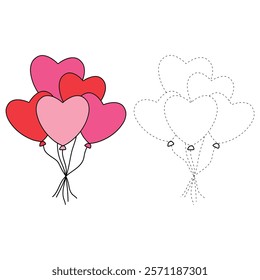 Doodle heart balloons valentine day clipart vector. Heart balloons coloring pages printable for valentine theme. Trace and color heart balloons. Valentine cute elements for card, poster, sticker.