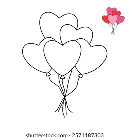 Doodle heart balloons valentine day clipart vector. Heart balloons coloring pages printable for valentine theme. Trace and color heart balloons. Valentine cute elements for card, poster, sticker.