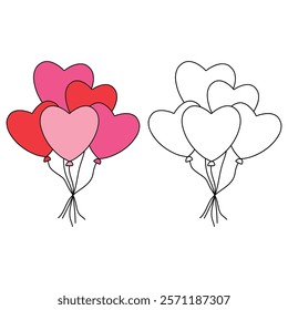 Doodle heart balloons valentine day clipart vector. Heart balloons coloring pages printable for valentine theme. Trace and color heart balloons. Valentine cute elements for card, poster, sticker.