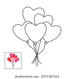 Doodle heart balloons valentine day clipart vector. Heart balloons coloring pages printable for valentine theme. Trace and color heart balloons. Valentine cute elements for card, poster, sticker.