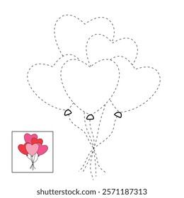 Doodle heart balloons valentine day clipart vector. Heart balloons coloring pages printable for valentine theme. Trace and color heart balloons. Valentine cute elements for card, poster, sticker.