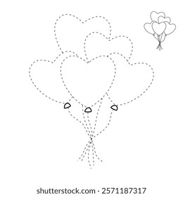 Doodle heart balloons valentine day clipart vector. Heart balloons coloring pages printable for valentine theme. Trace and color heart balloons. Valentine cute elements for card, poster, sticker.