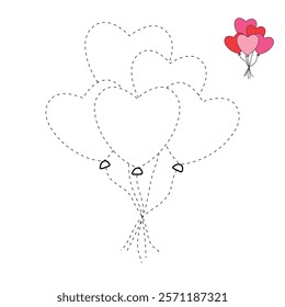 Doodle heart balloons valentine day clipart vector. Heart balloons coloring pages printable for valentine theme. Trace and color heart balloons. Valentine cute elements for card, poster, sticker.