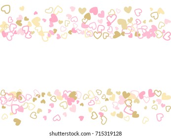 Doodle heart border vector pattern. Background frame illustration with love symbols heart confetti for wedding invitation card, Valentine's day border. Romantic feelings doodle, relationships concept.