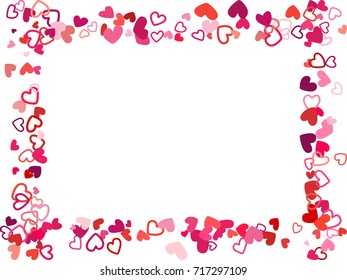 Doodle heart border vector pattern. Background frame illustration with love symbols heart confetti for wedding invitation card, Valentine's day border. Romantic feelings doodle, relationships concept.