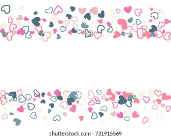 Doodle heart border vector pattern. Background frame illustration with love symbols heart confetti for wedding invitation card, Valentine's day border. Romantic feelings doodle, relationships concept.