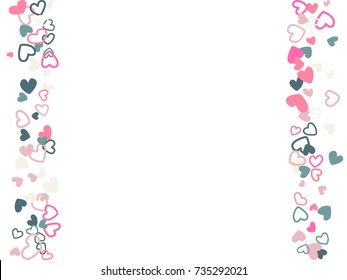Doodle heart border vector pattern. Background frame illustration with love symbols heart confetti for wedding invitation card, Valentine's day border. Romantic feelings doodle, relationships concept.