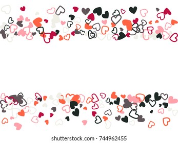 Doodle heart border vector pattern. Background frame illustration with love symbols heart confetti for wedding invitation card, Valentine's day border. Romantic feelings doodle, relationships concept.