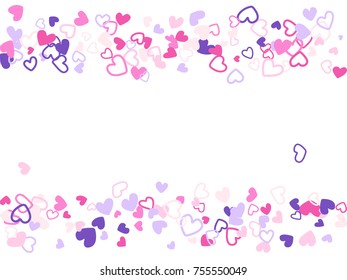 Doodle heart border vector pattern. Background frame illustration with love symbols heart confetti for wedding invitation card, Valentine's day border. Romantic feelings doodle, relationships concept.