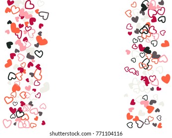 Doodle heart border vector pattern. Background frame illustration with love symbols heart confetti for wedding invitation card, Valentine's day border. Romantic feelings doodle, relationships concept.