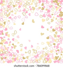 Doodle heart border vector pattern. Background frame illustration with love symbols heart confetti for wedding invitation card, Valentine's day border. Romantic feelings doodle, relationships concept.