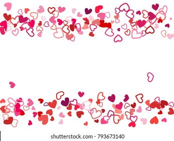 Doodle heart border vector pattern. Background frame illustration with love symbols heart confetti for wedding invitation card, Valentine's day border. Romantic feelings doodle, relationships concept.