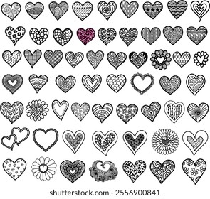 Doodle heart bundle, happy Valentine's day or wedding card decoration. Vector illustration.