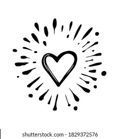 Doodle heart burst in vintage style on white background. Black vector hand drawn heart sketch illustration. Sun, starburst, sparkle, sunburst set. Line sparkle explosion. Marker handdrawn line