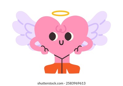 Doodle Heart character. Pink heart with wings. Love and passion. Emoji and emoticon. Valentines Day. Sticker for social networks. Flat vector illustration isolated on white background