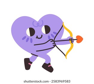 Doodle Heart character. Violet heart with bow in hands. Imagination and fantasy. Love and passion. Emoji and emoticon. Valentines Day. Flat vector illustration isolated on white background