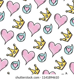 doodle heart and chat bubble with crown background