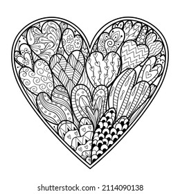 Doodle heart coloring page. Black and white Valentine’s Day pattern for antistress coloring book. Love mandala. Vector illustration