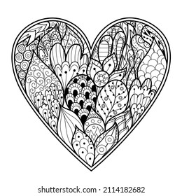 Doodle heart coloring page. Black and white Valentine’s Day pattern for antistress coloring book. Love mandala. Vector illustration