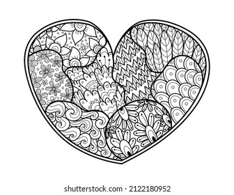 Doodle heart coloring page. Black and white love pattern for antistress coloring book. Valentine’s Day mandala. Vector illustration