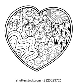 Doodle heart coloring page. Black and white love pattern for antistress coloring book. Valentine’s Day mandala. Vector illustration