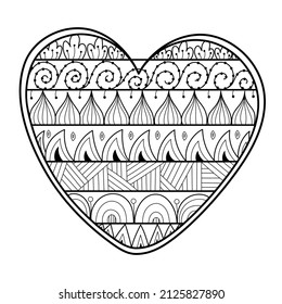 Doodle heart coloring page. Black and white Valentine’s Day pattern for antistress coloring book. Love mandala. Vector illustration