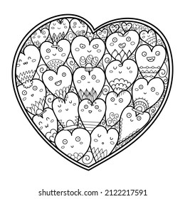 Doodle heart coloring page with cute characters. Black and white kawaii pattern for antistress coloring book. Valentine’s Day mandala. Vector illustration