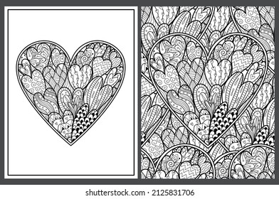 Doodle heart coloring pages set in US Letter format. Black and white Valentine’s Day patterns for antistress coloring book. Love mandala. Vector illustration