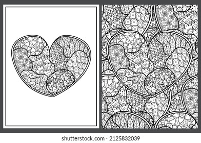 Doodle heart coloring pages set in US Letter format. Black and white love patterns for antistress coloring book. Valentine’s Day mandala. Vector illustration