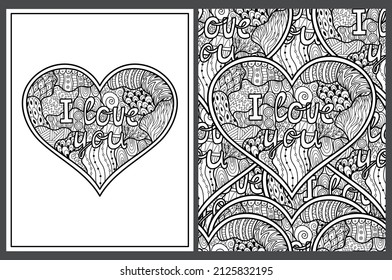 Doodle heart coloring pages set in US Letter format with I Love You text. Black and white Valentine’s Day pattern for antistress coloring book. Wavy mandala with quote. Vector illustration