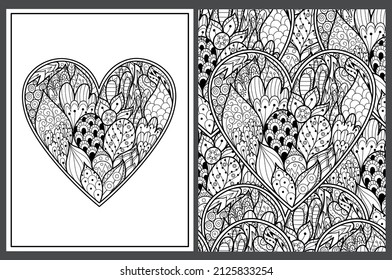 Doodle heart coloring pages set in US Letter format. Black and white Valentine’s Day patterns for antistress coloring book. Love mandala. Vector illustration