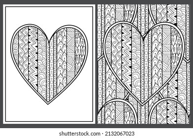 Doodle heart coloring pages set in US Letter format. Black and white Valentine’s Day patterns for antistress coloring book. Love mandala. Vector illustration