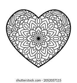 Doodle heart decorative mandala coloring page. Oriental pattern vector illustration isolated on white background