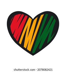 Doodle heart drawn in colors of Africa flag. Black history month concept. Celebrated annually in February in the USA and Canada, and in October in UK. Isolated on white.