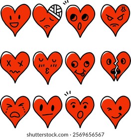 Doodle heart emoticon icon set. Hand Drawn heart emoji with Different Emotion and Mood.