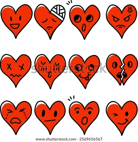 Doodle heart emoticon icon set. Hand Drawn heart emoji with Different Emotion and Mood.