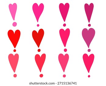 Doodle heart exclamation marks set. Hand drawn pink heart exclamation point. Punctuation love marks. Valentine vector illustration isolated on white background.