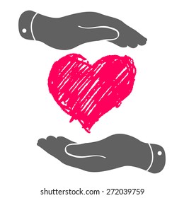 doodle heart in flat hands icon - vector illustration
