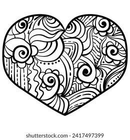 Doodle heart with floral swirls, outline coloring page vector illustration for creativity about love