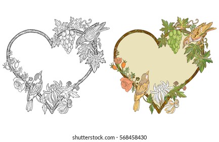 Doodle heart with flower and birds coloring book for adult. Valentines day illustration.