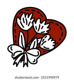 Doodle heart with flowers and bow is perfect for Valentine Day cards, romantic invitations, stickers, gift tags. Vector illustration