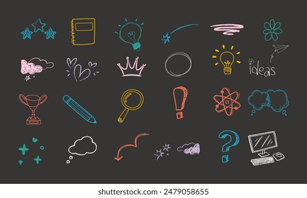 Doodle Heart and Glitter Pen Elements Sketchy Line Icons Featuring Hearts, Arrows, Stars, Sparkle , Education and science . Vector Illustration in Hand-Drawn Style