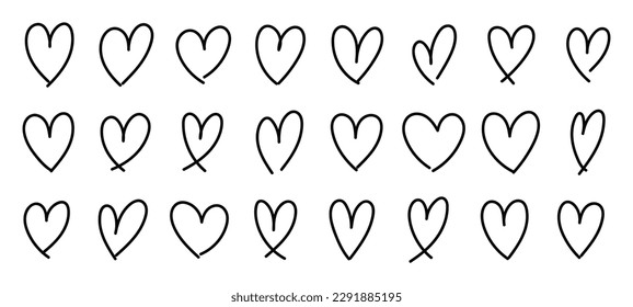 Doodle heart hand drawn shapes set. Love sketch icons collections. Vector isolated illustration