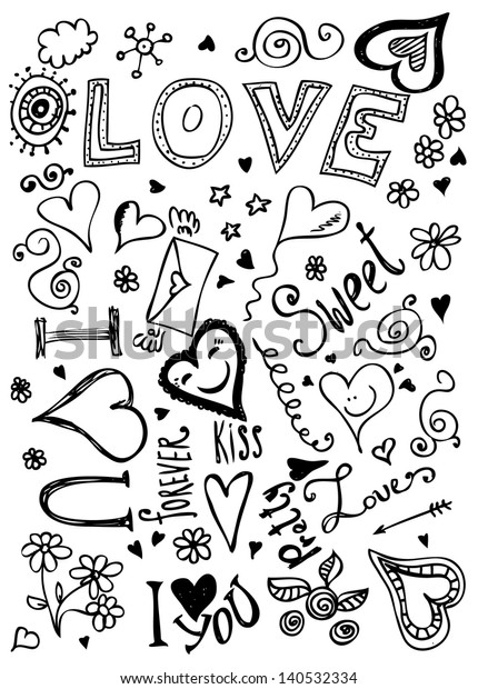 Doodle Heart Handwriting Sketch Love Rose Stock Vector (Royalty Free ...