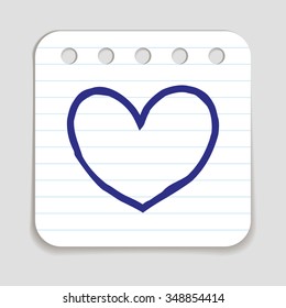 Doodle Heart icon. Blue pen hand drawn infographic symbol on a notepaper piece. Line art style graphic design element. Web button with shadow. Love wedding feelings cupid concept.