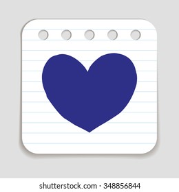 Doodle Heart icon. Blue pen hand drawn infographic symbol on a notepaper piece. Line art style graphic design element. Web button with shadow. Love wedding feelings cupid concept.