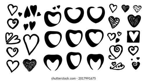 Doodle heart icon set. Hand drawn sketched love symbol, handdrawn wedding sign isolated on white background. vector illustration