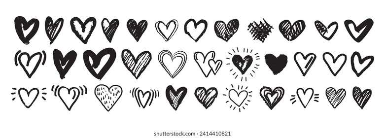 Doodle heart icon set, sketch love vector hand drawn shapes, Valentine day scribble romantic sign. Vintage grunge texture squiggle minimal collection, nubes print kit. Doodle heart holiday symbol