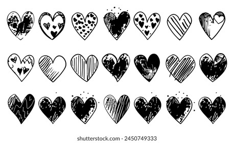 Doodle heart icon set, sketch love vector hand drawn shapes. Scribble collection cute abstract heart and drawing element black and white. Simple wedding shape