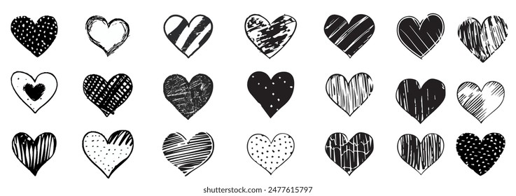 Doodle heart icon set, sketch love vector hand drawn shapes, Valentine day scribble romantic sign. Vintage grunge texture squiggle minimal collection, nubes print kit. Doodle heart holiday symbol 